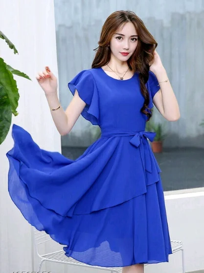Elizy Women Black Plain Flair Georgette Short Dress - XL, Royal Blue